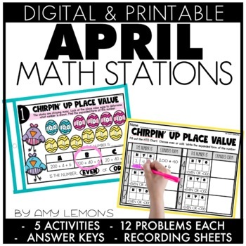 Digital and Printable April Math Stations for Spring 1