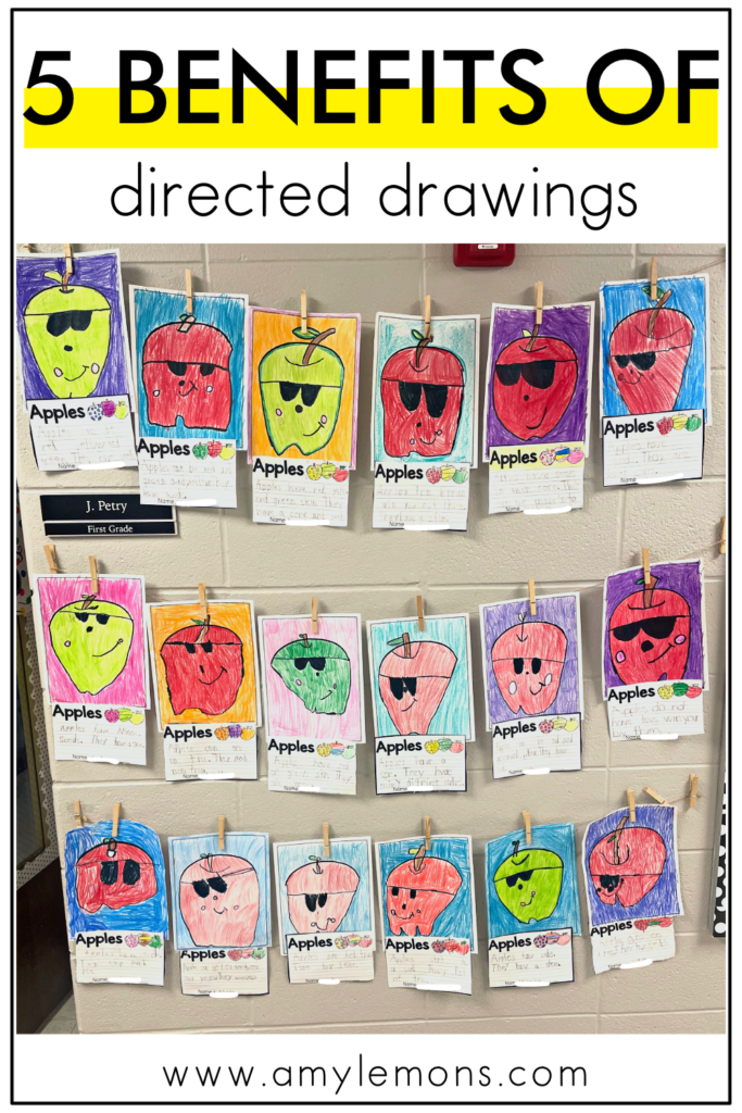 students drawings of an apple with shade put on display in a classroom.