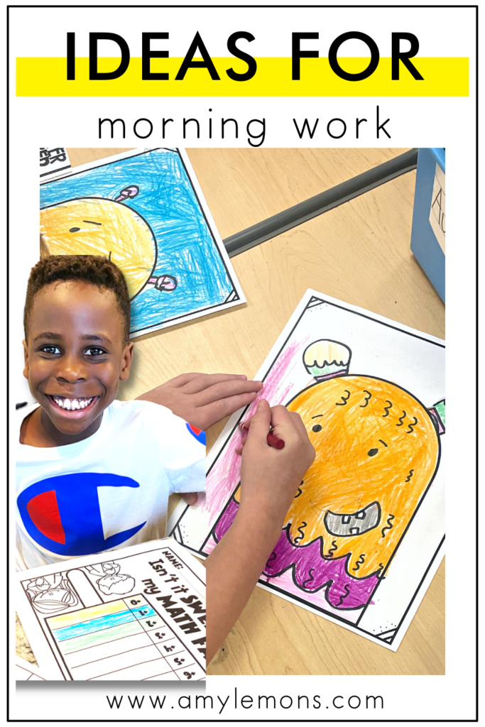 A young child drawing a character for Morning work activities for the classroom.