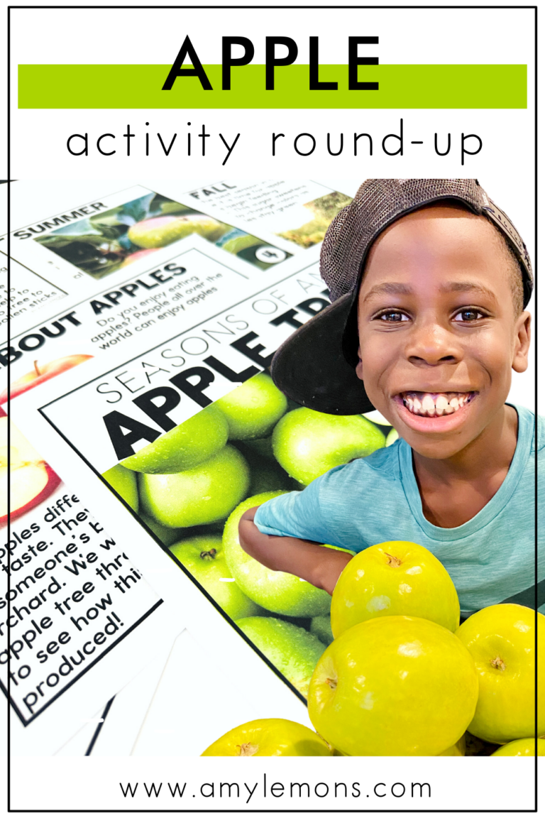 A little boy smiling with apples and completing apple activities.