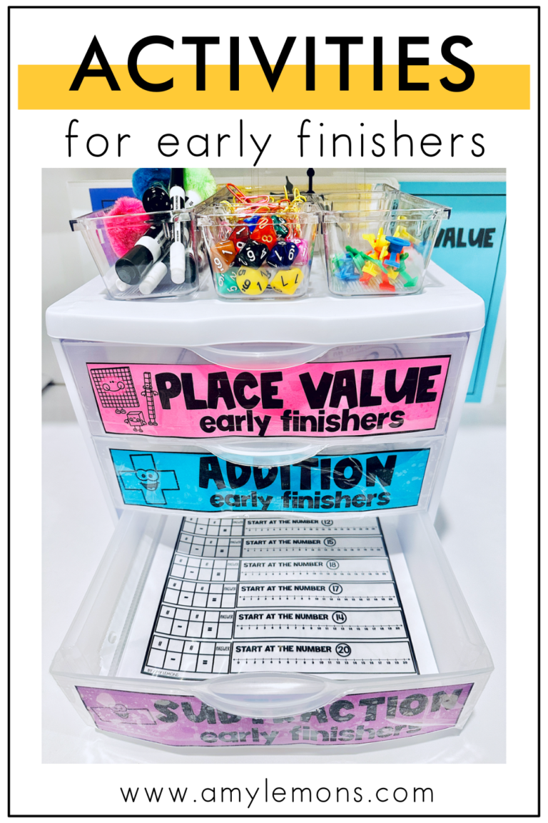 early finisher activities organized inside a plastic bin with labels.