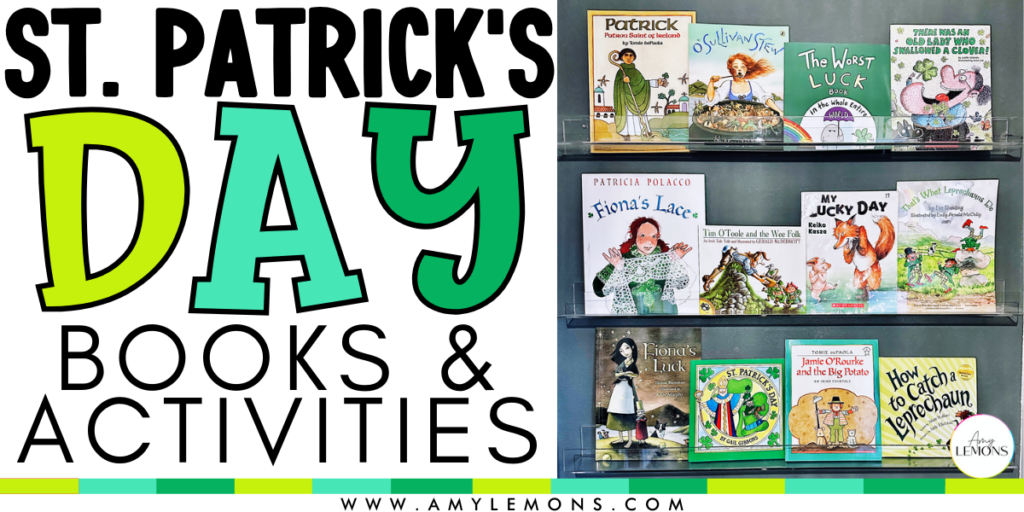 St. Patrick's Day book display on acrylic shelves.