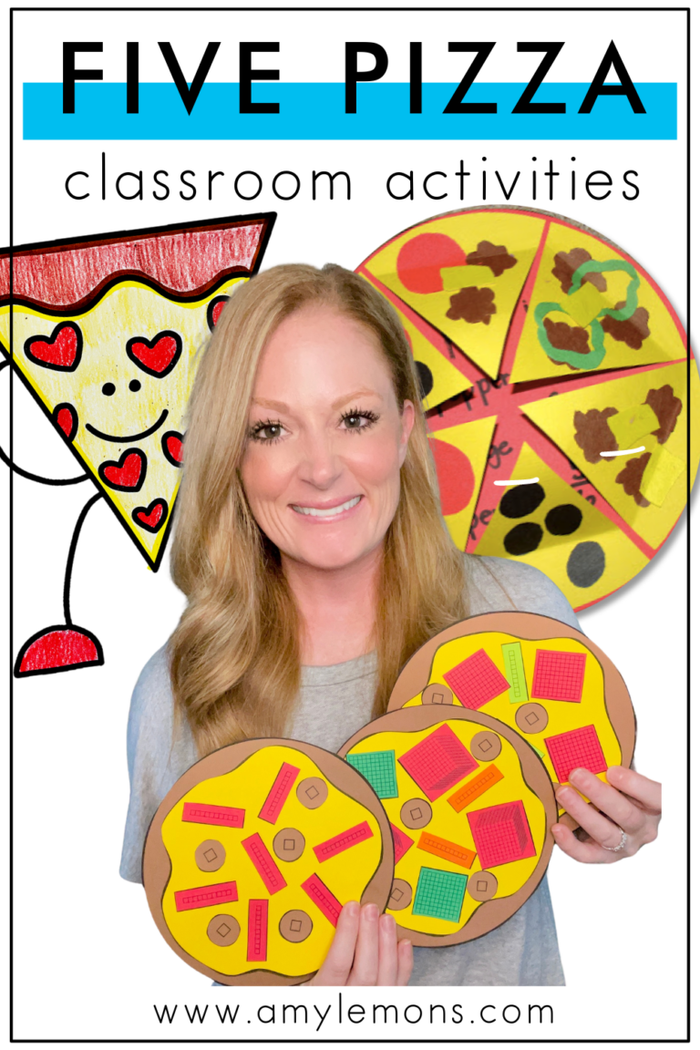 Various pizza craft representing pizza-themed activities for elementary classrooms.