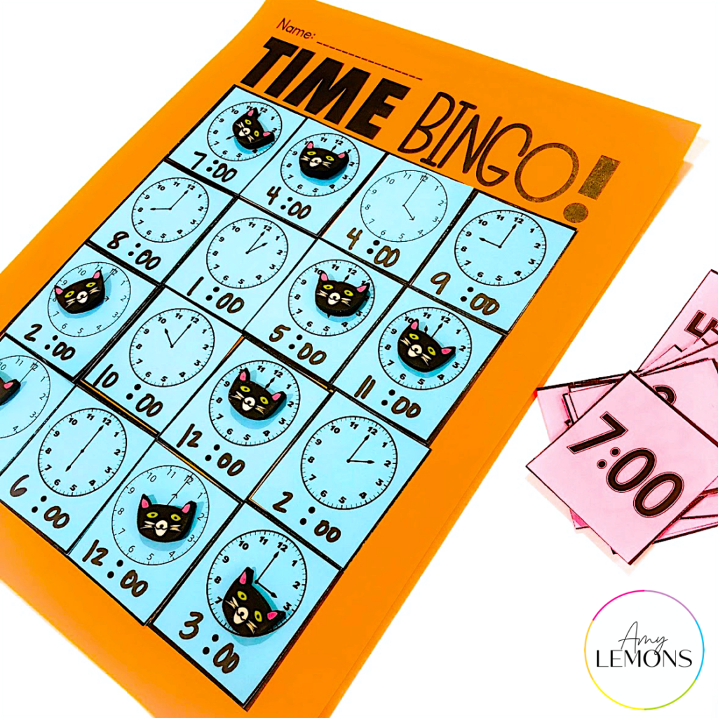 Time bingo game board with clock cards.