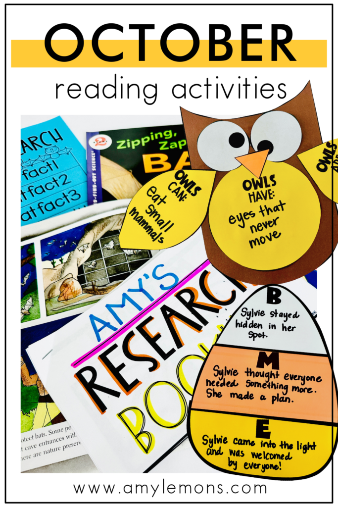 collage of free fall reading activities with owl craft, candy corn shapred BME printable, and bat research booklet.