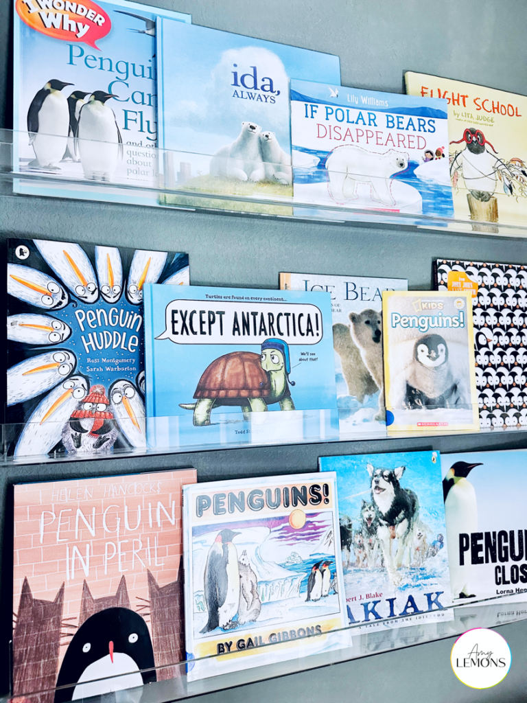 A bookshelf with penguin books for kids