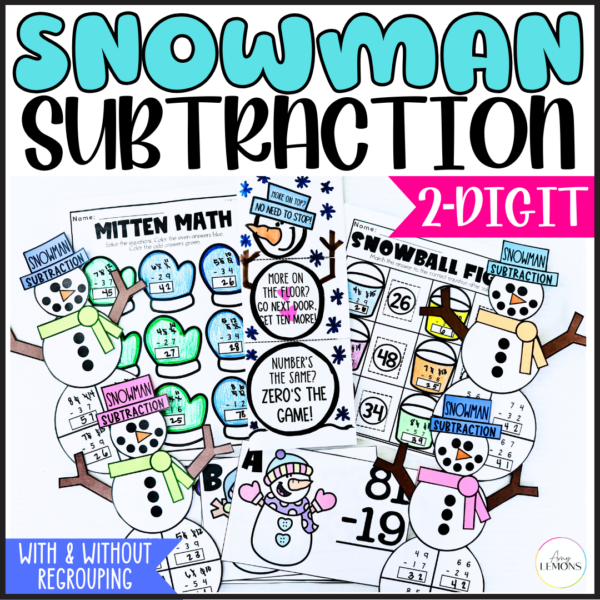 Snowman Subtraction: Winter Math Craft & Activities for 2-Digit Subtraction With & Without Regrouping