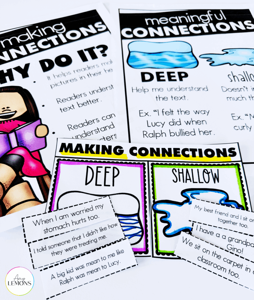 Making Connections book with deep on left side and shallow on right side with sentence strips to sort