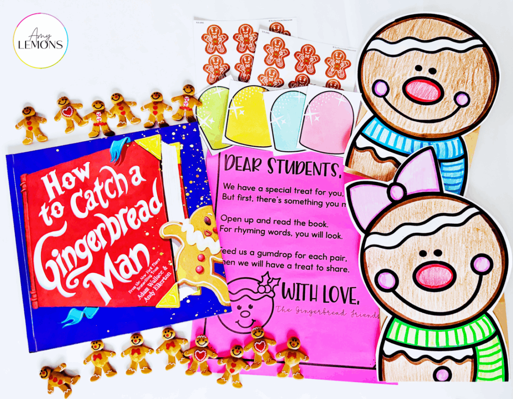 Gingerbread Day activities includinf the book How to Catch a Gingerbread Man, gingerbread drawing, gingerbread toys, and a letter from a gingerbread man on pink paper for students to complete a task finding rhyming words.