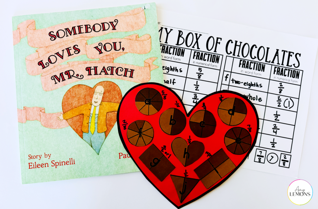 Box of chocolates heart shaped craft with fractions.