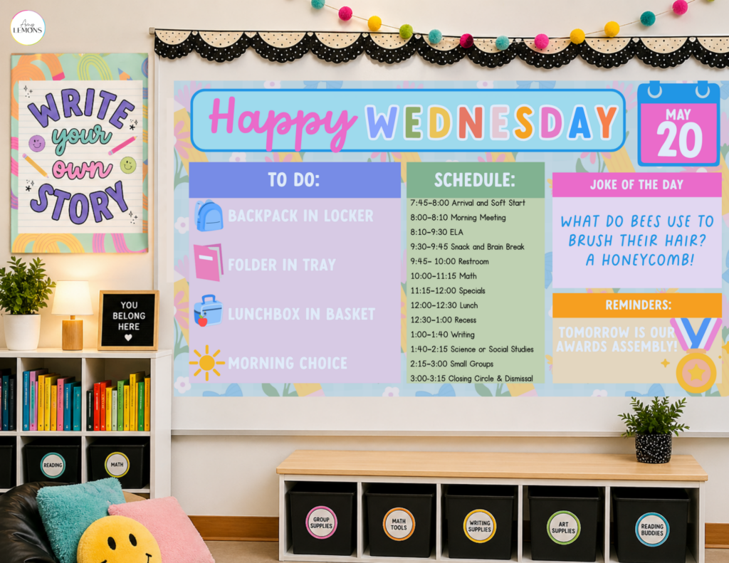 Happy Wednesday Daily Instructional Slides with vibrant colors, to do, date, and schedule for day