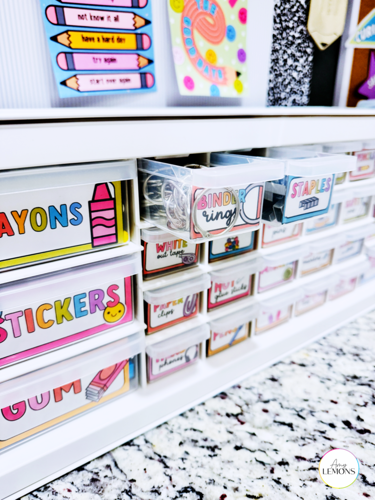 The teacher toolkit is made of an organizer box with several small drawers, each labeled with school supplies.