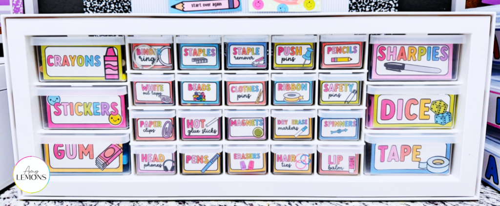 The teacher toolkit is made of an organizer box with several small drawers, each labeled with school supplies.