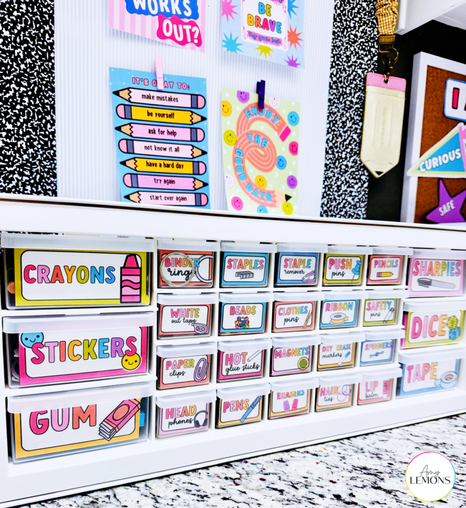 The teacher toolkit is made of an organizer box with several small drawers, each labeled with school supplies.