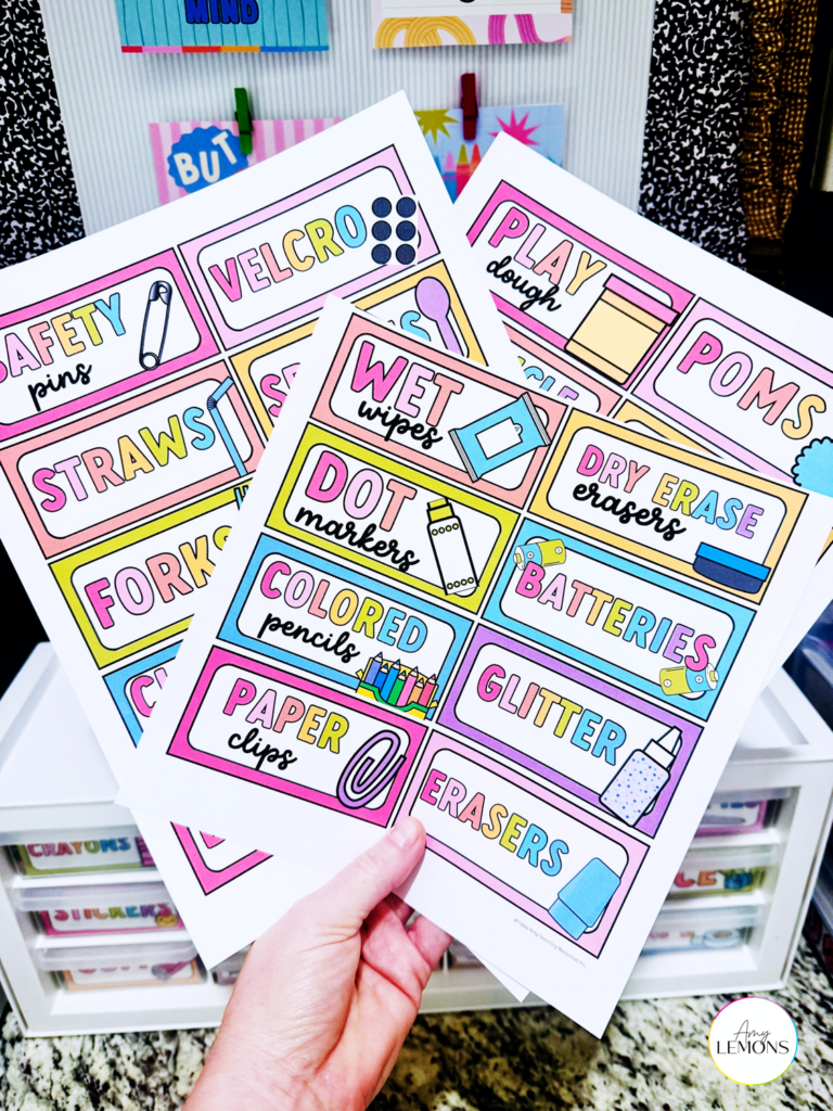 The teacher toolkit is made of an organizer box with several small drawers, each labeled with school supplies.