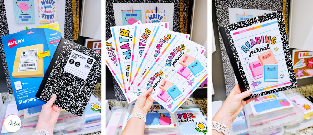 Student journals using composition notebooks and shipping labels customized with subject titles