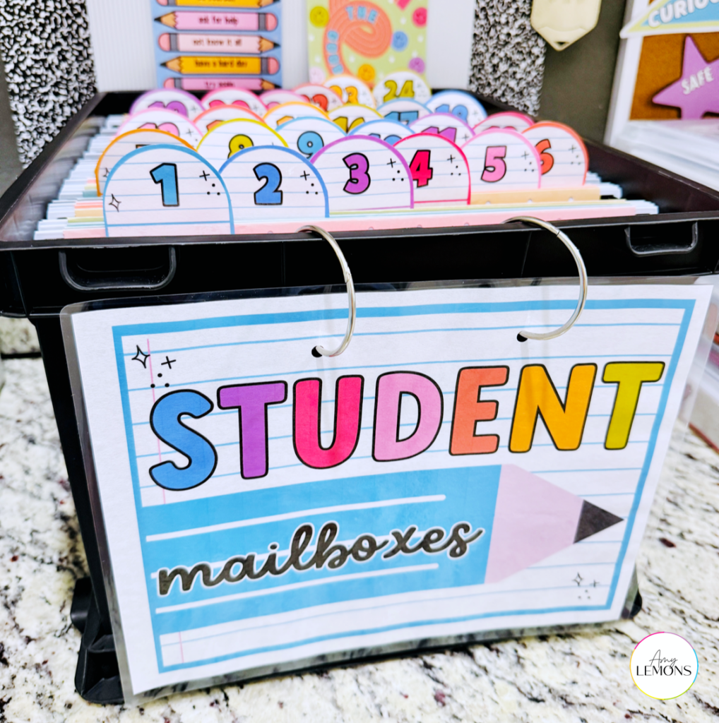 Student mailbox set up inside black crate and hanging file folders for classroom organization upgrade