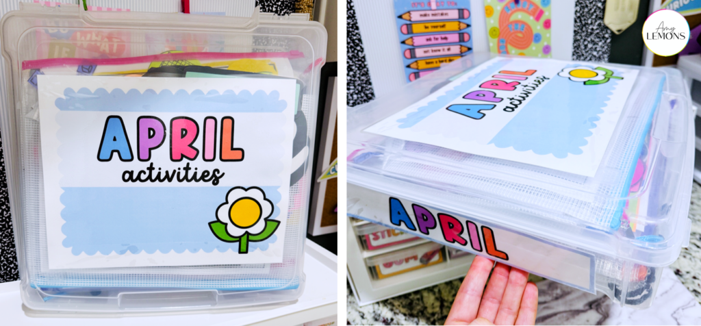Curriculum storage boxes labeled by month for classroom teaching materials