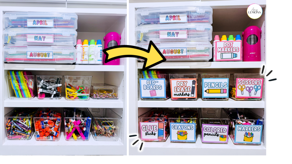 Classroom supply shelf with clear labeled bins for markers, pencils, and scissors