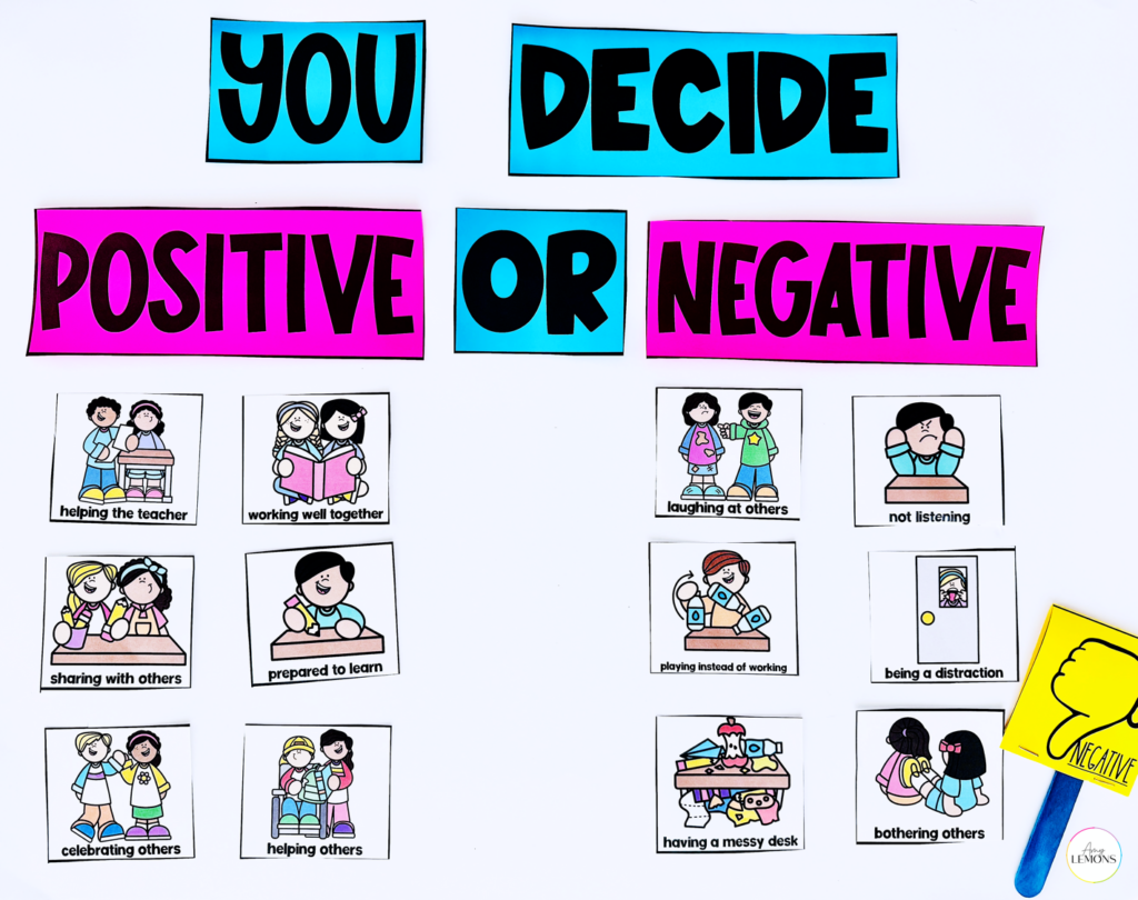 Positive and negative classroom behavior cards for a My Mouth Is a Volcano sorting activity