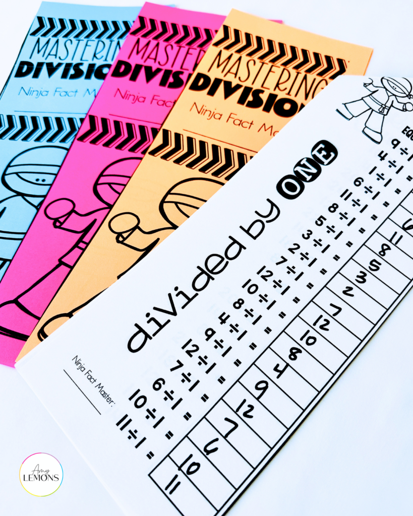 Mastering Division ninja math fact fluency booklets printed on bright paper with a Divided by One timed test page