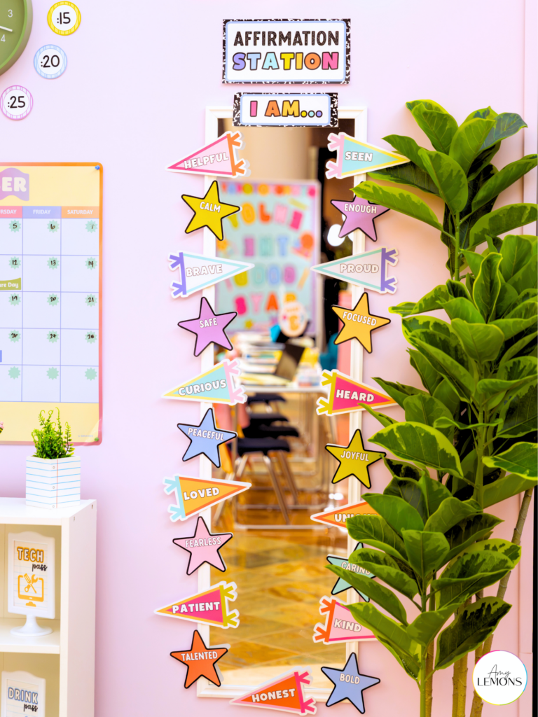 Classroom Affirmation Station with a full-length mirror framed by star and pennant affirmations under an I AM sign