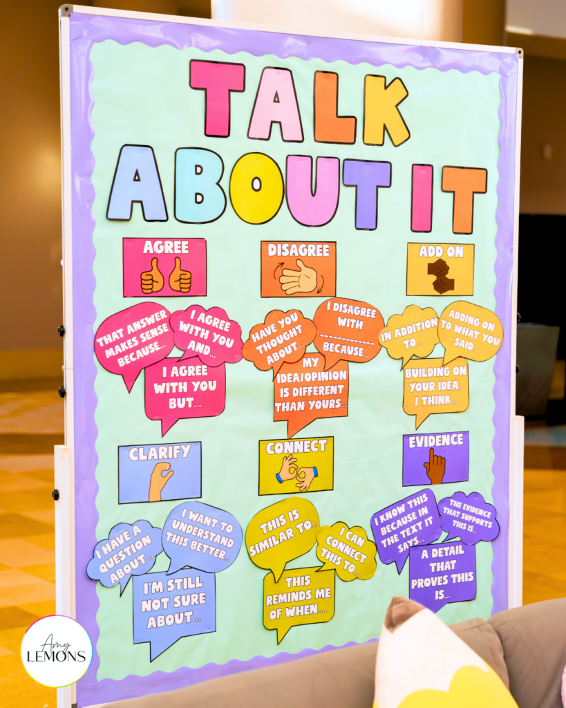 turn and talk anchor chart hanging in a first grade classroom,