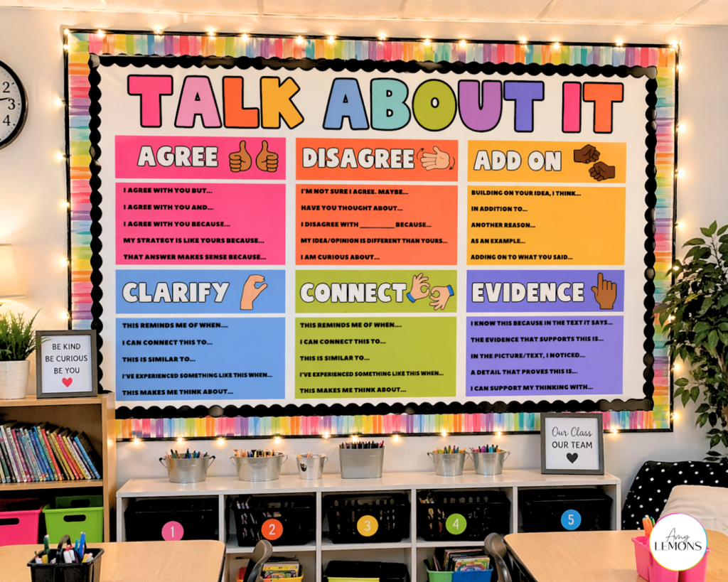 turn and talk sentence stem posters on a bulletin board