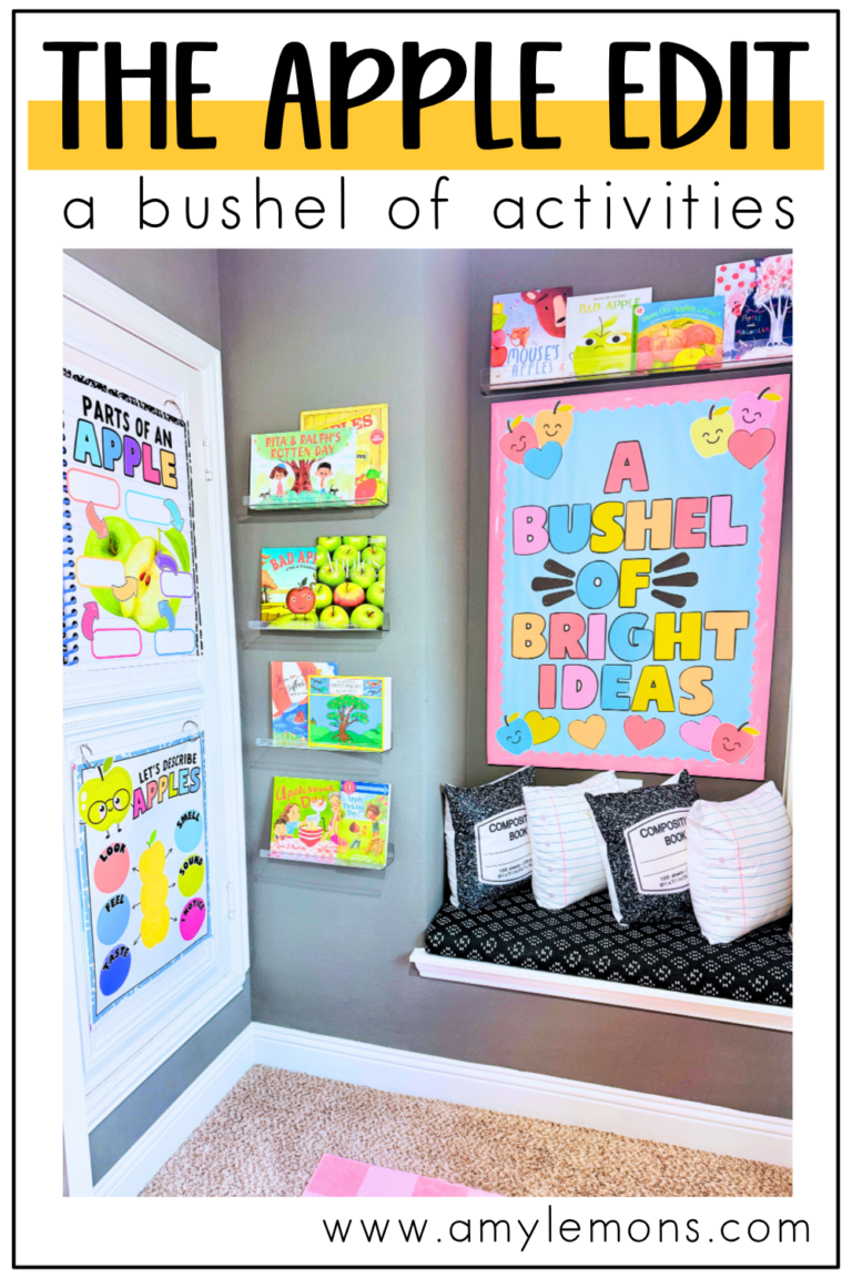 A wall in corner of the room with apple activities for the classroom on the wall