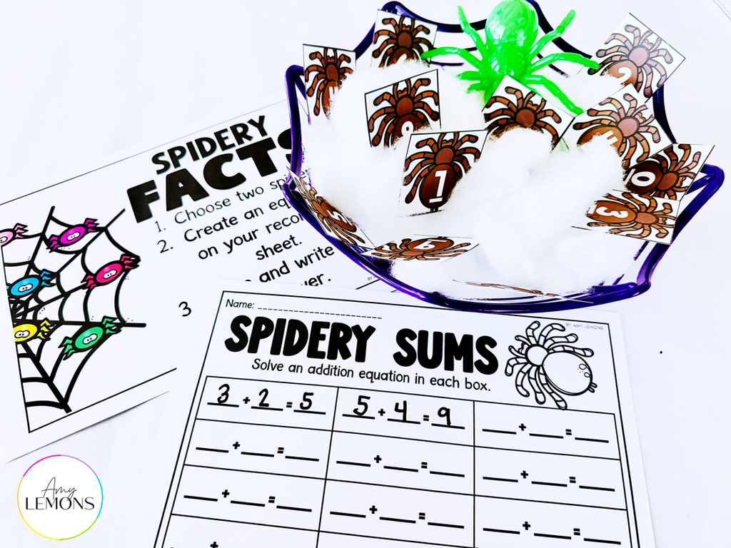 Free spider math activity with a Spidery Sums addition sheet, Spidery Facts directions, and a basket of numbered spider cards
