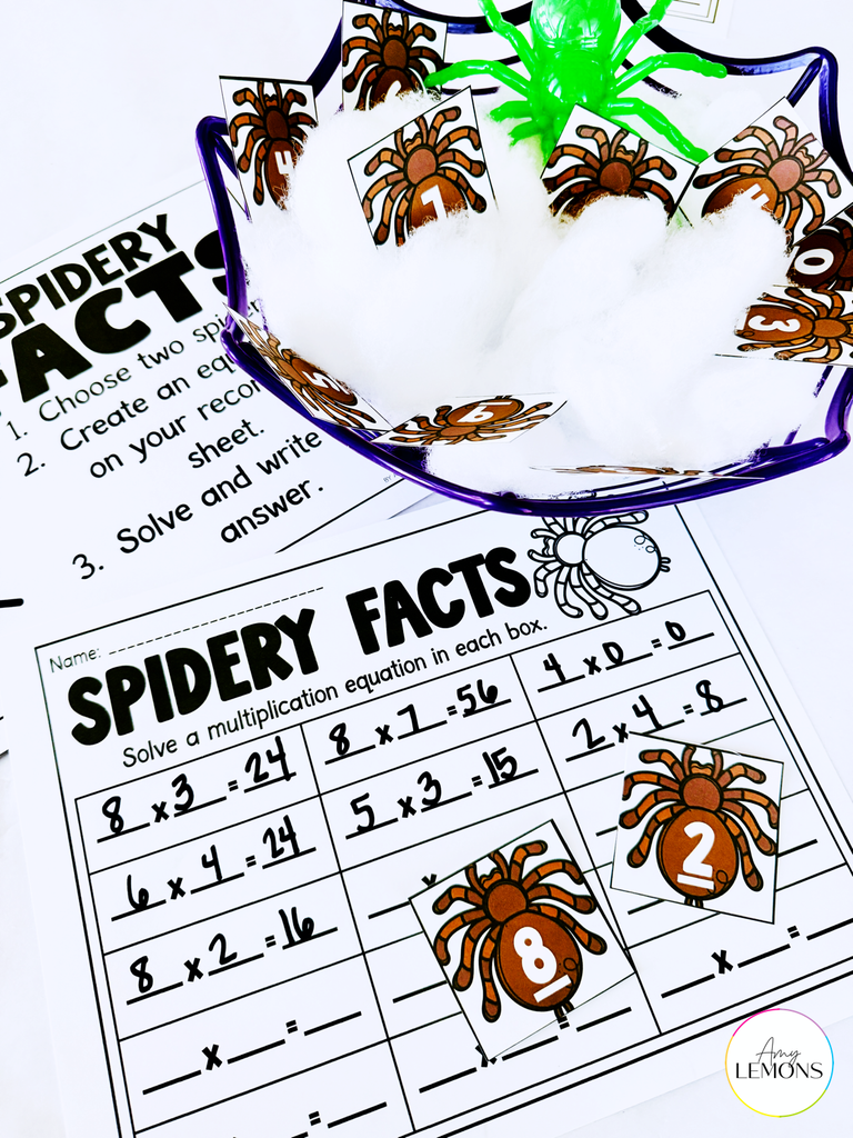 Spidery Facts multiplication recording sheet with completed facts and numbered spider cards from the spider math activity
