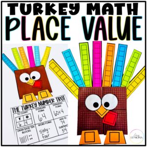Thanksgiving place value turkey crafts with base ten block feathers and a completed number representation sheet.