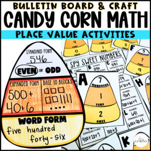 Candy corn place value activities with fall math crafts, games, and bulletin board