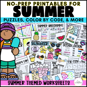 End of year worksheets with summer math, word searches, writing, and coloring