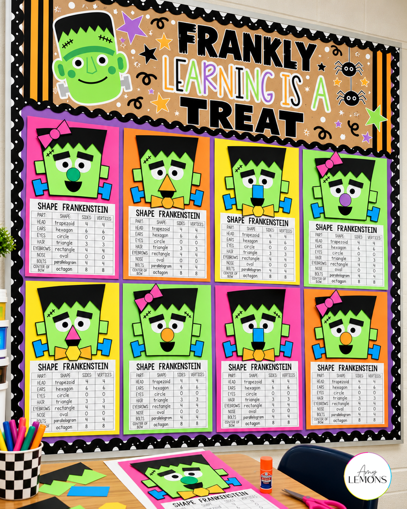 Frankenstein Halloween bulletin board with the Frankly, Learning Is a Treat banner and student shape crafts with recording sheets for displaying Frankenstein classroom activities for elementary students