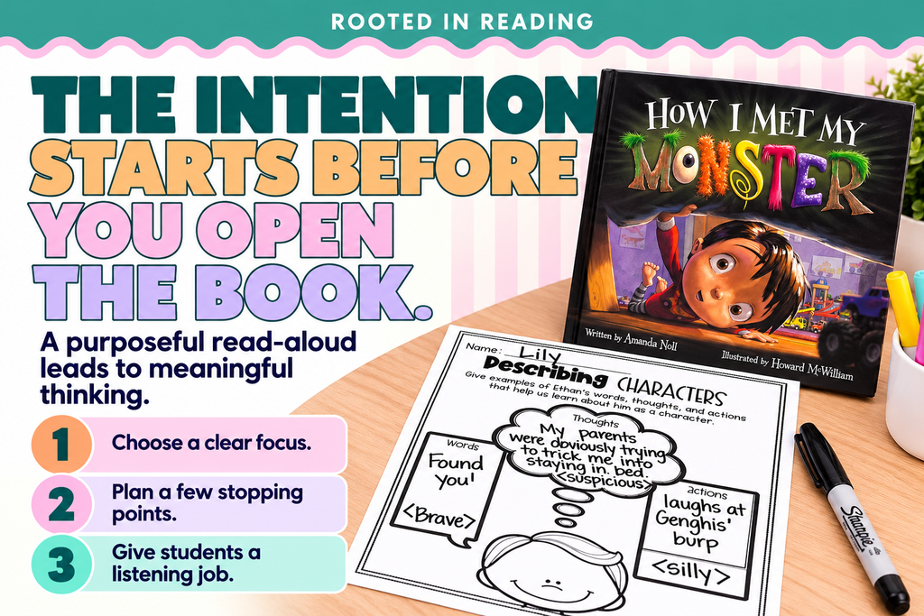 Picture book with describing characers reading response sheet for an interactive read-aloud
