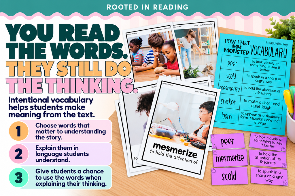 Read-aloud vocabulary cards with real photos for peer, scold, mesmerize, snicker, and loom