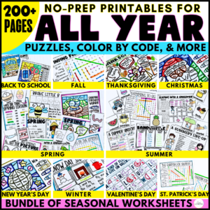 Seasonal worksheets bundle with 10 holiday and seasonal printable activity packs
