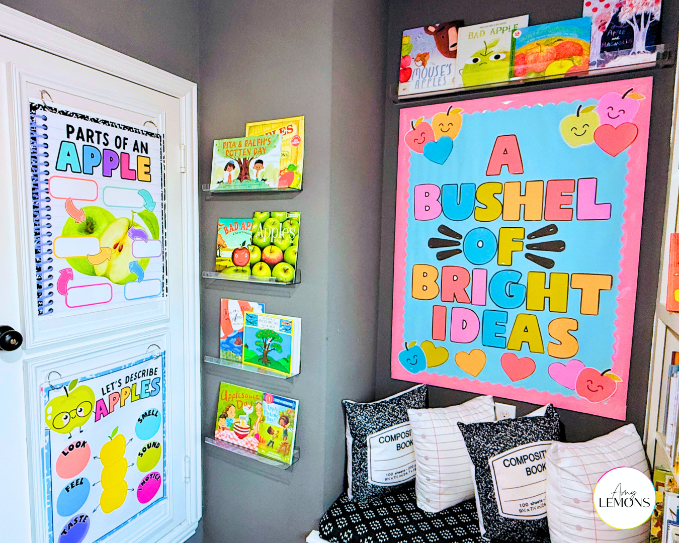 Colorful apple bulletin board for elementary classrooms with A Bushel of Bright Ideas lettering and apple activities for the classroom