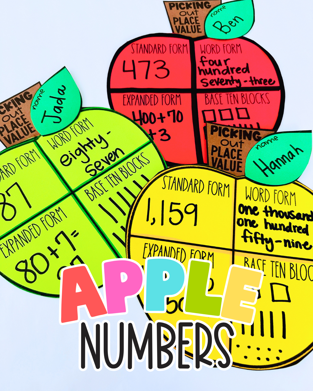 Apple place value craft for 2, 3, and 4 digit numbers